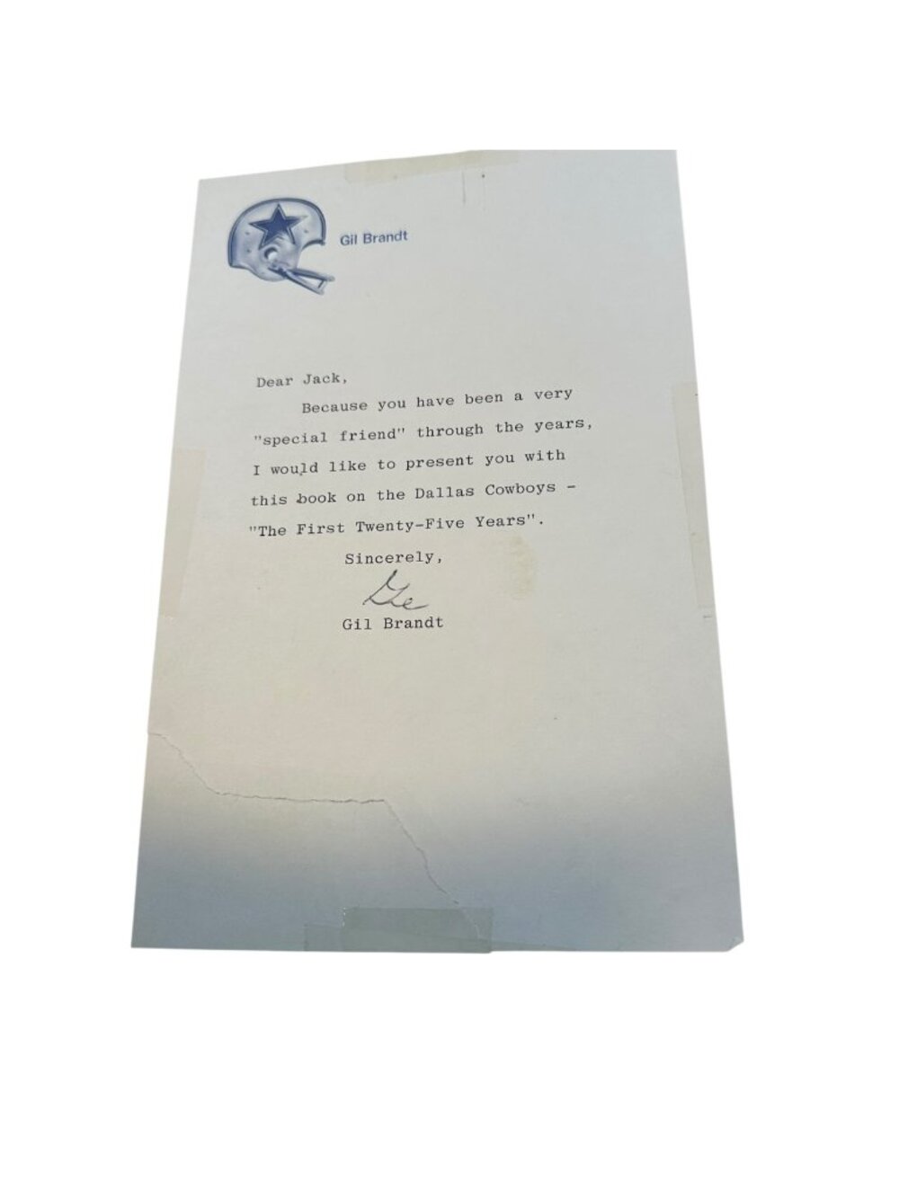 RARE Gil Brandt Signed Letter Dallas Cowboys First 25 Years Book HOF Vintage Tex